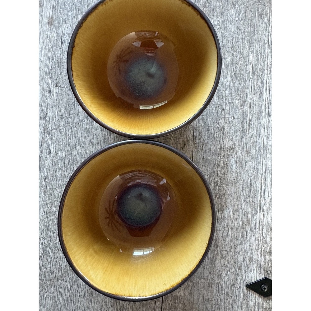Pier 1 Set of 2 Glazed Ceramic Bowls Brown Amber Green Leaf Motif Microwave Safe